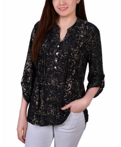 NY Collection Petite Pintuck Roll Tab Sleeve Top