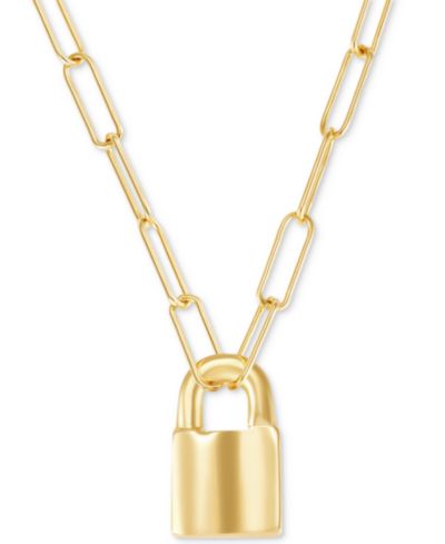 Padlock Paperclip Link Pendant 18" Necklace in 14k Gold-Plated Sterling Silver