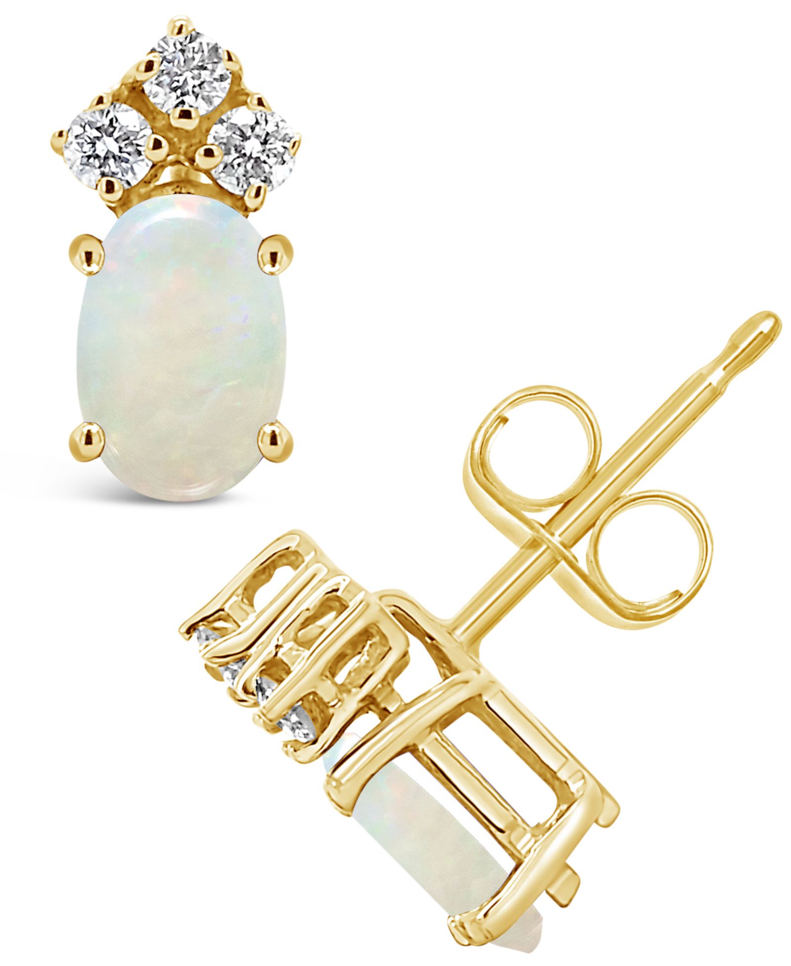 Opal (1/2 ct. t.w.) and Diamond (1/8 ct. t.w.) Stud Earrings in 14K Yellow Gold or 14K White Gold
