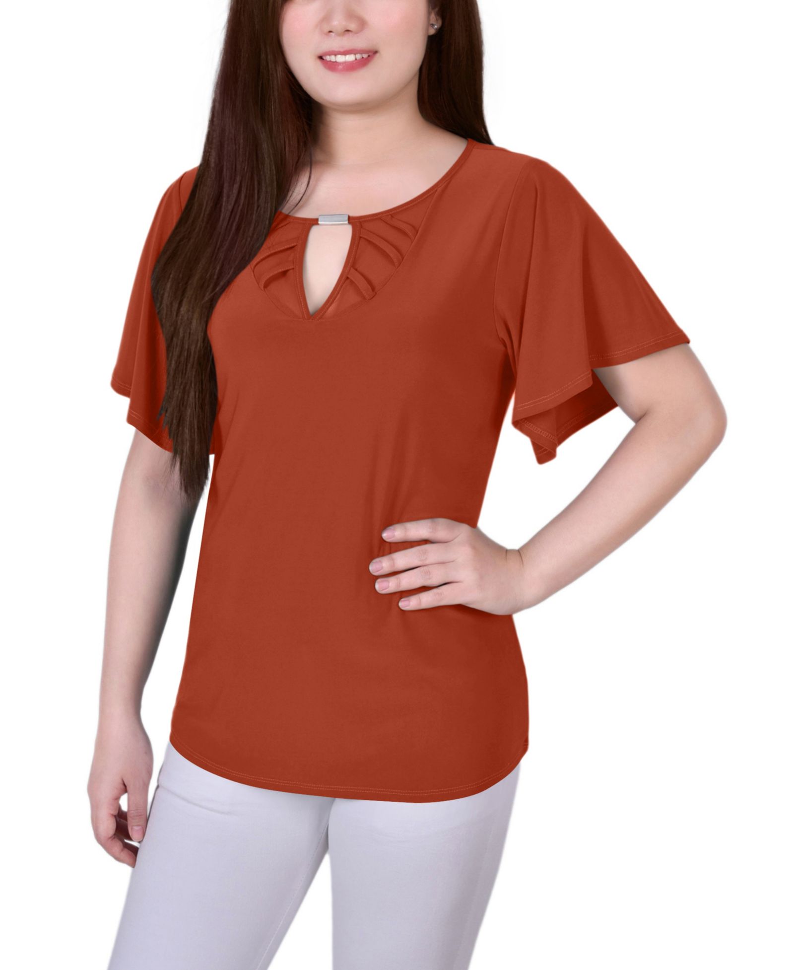NY Collection Petite Mesh Flutter Sleeve Knit Top