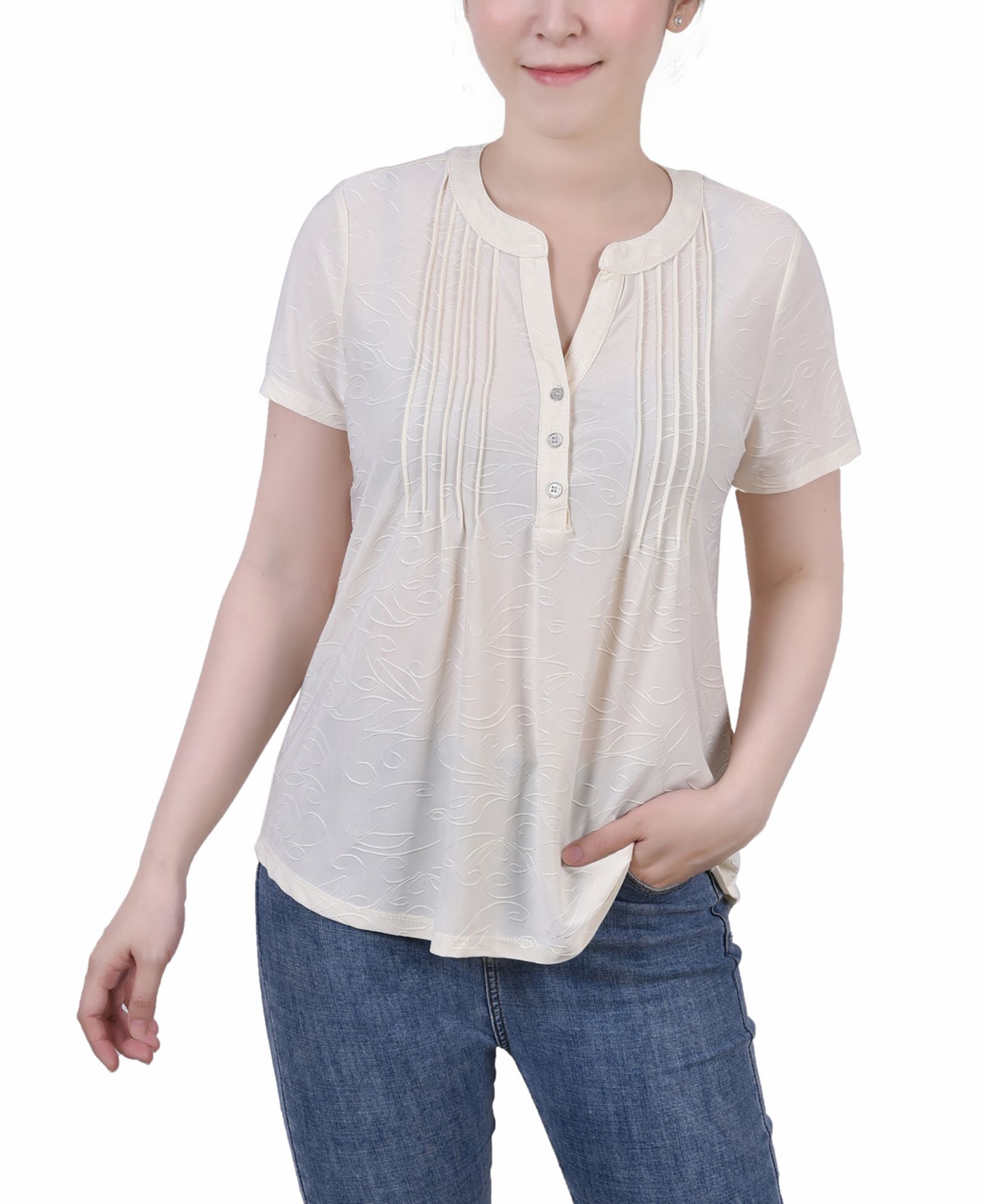 NY Collection Petite Short Sleeve Y Neck Jacquard Knit Top