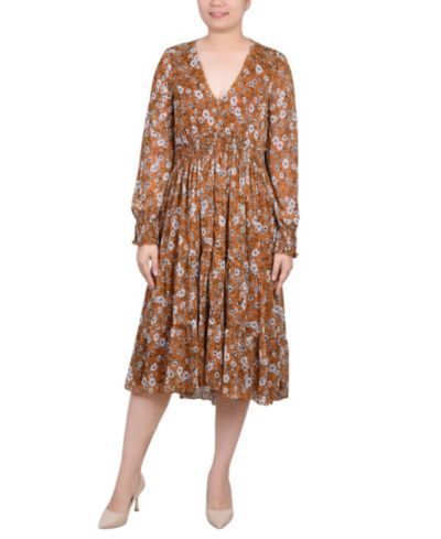 NY Collection Women's Long-Sleeve Clip Dot Chiffon Dress with Smocked Waist and Cuffs Dress