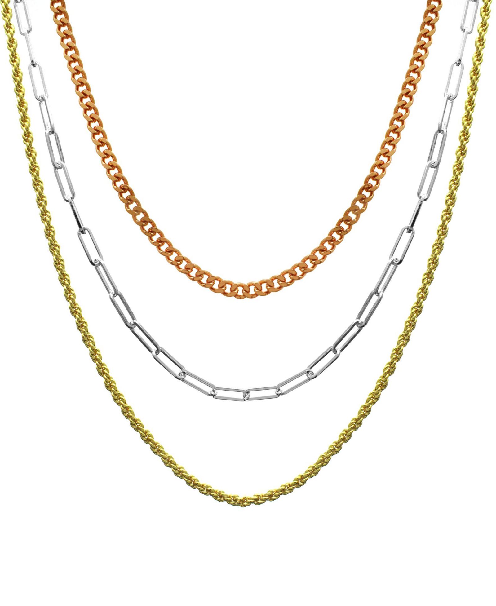 And Now This 15.25", 17.5" and 19.5" + 2" extender Tri-Tone Multi Chain Layered Necklace