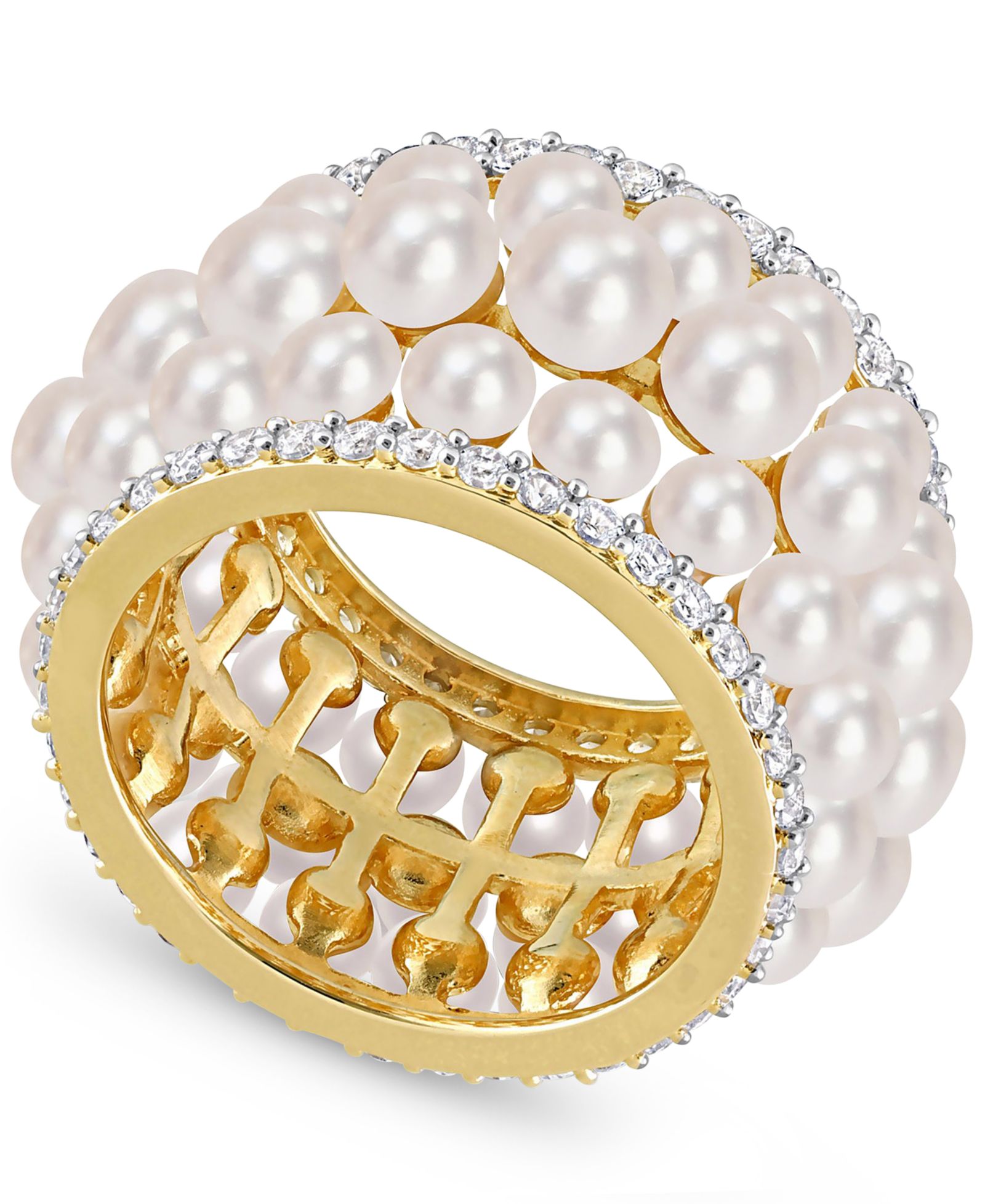 Cultured Freshwater Pearl (3 - 4-1/2mm) & Lab-Created White Sapphire (1-3/5 ct. t.w) Multirow Statement Ring in Yellow Rhodium-Plated Sterling Silver