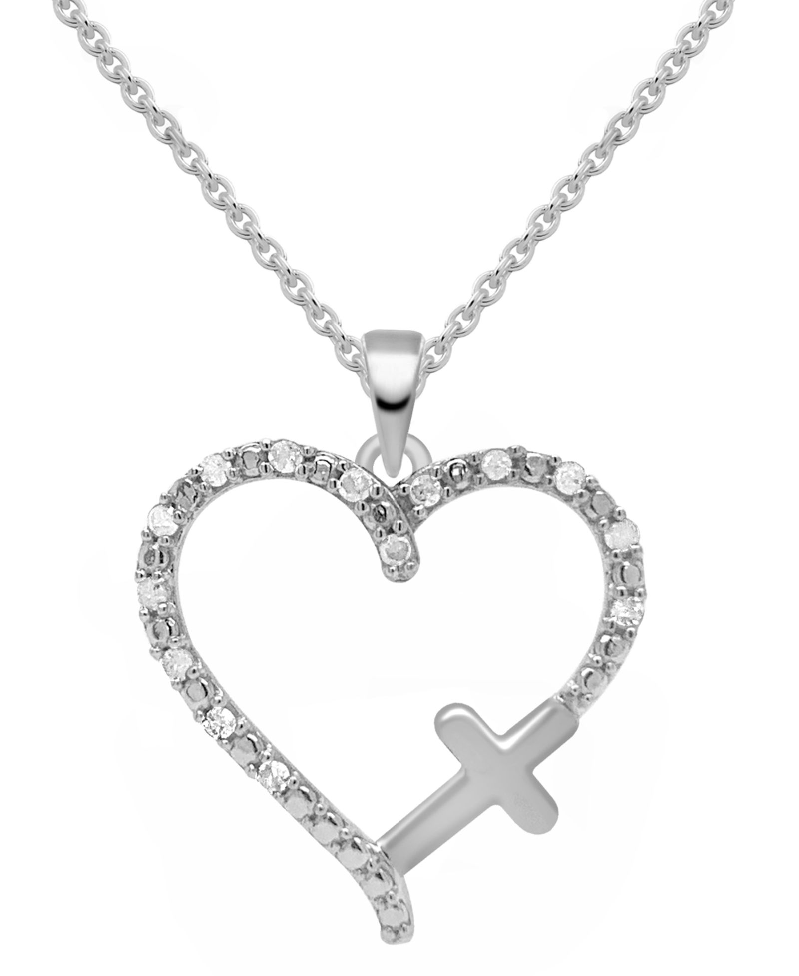 Diamond Heart & Cross 18" Pendant Necklace (1/10 ct. t.w.) in Sterling Silver or Sterling Silver & 14k Gold-Plate
