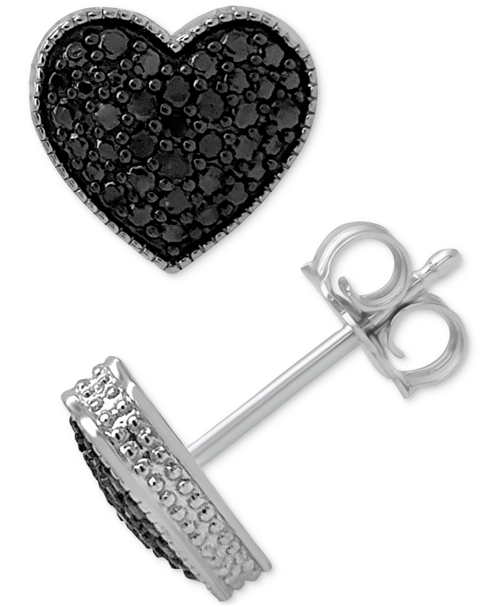 Black Diamond Pavé Heart Stud Earrings (1/6 ct. t.w.) in Sterling Silver