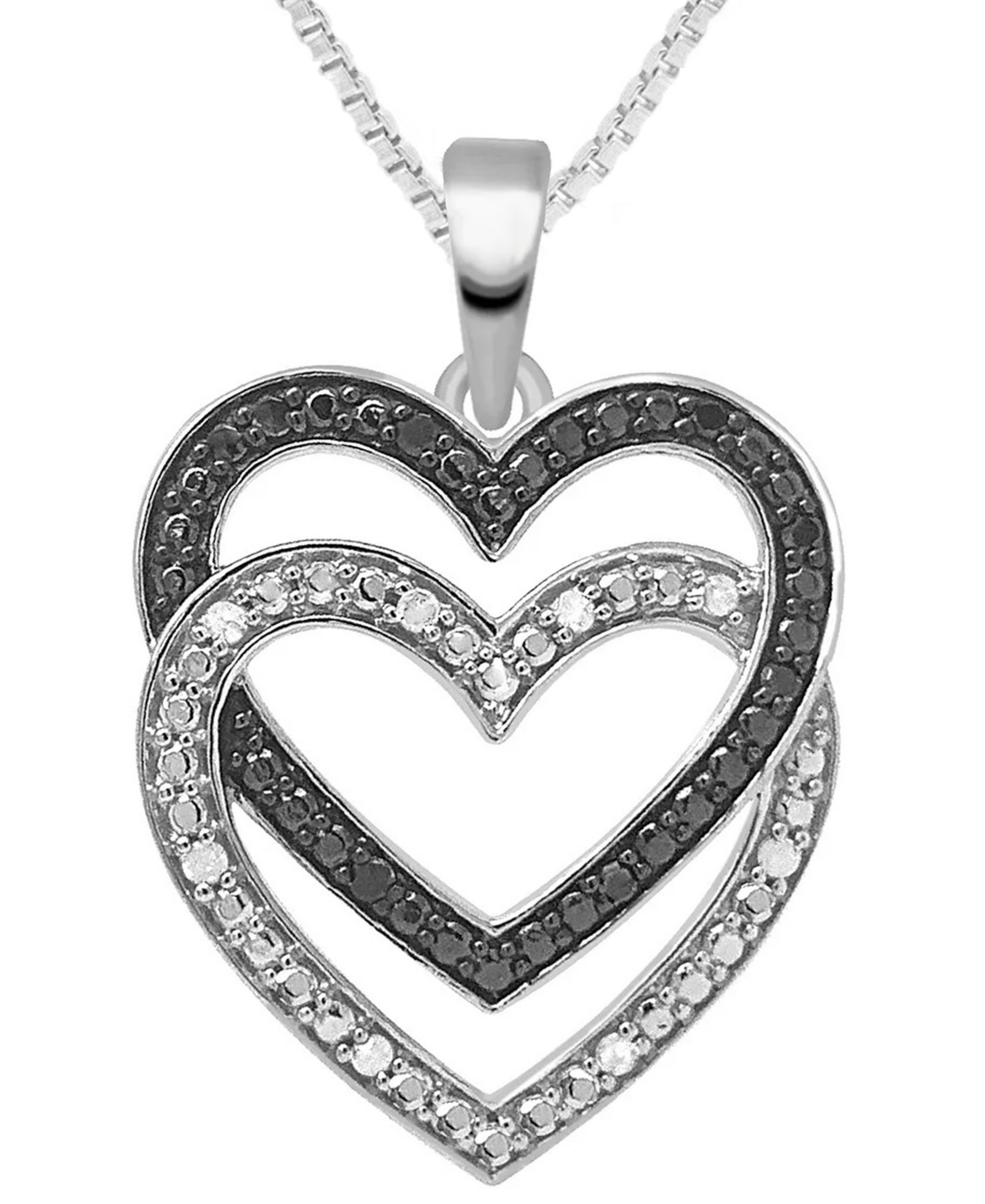 Black & White Diamond Double Heart 18" Pendant Necklace (1/6 ct. t.w.) в Sterling Silver