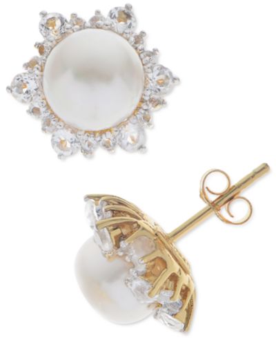 Серьги с культивированным речным жемчугом (8mm) и белым топазом (1-1/4 ct. t.w.) из стерлингового серебра с напылением 14k Gold