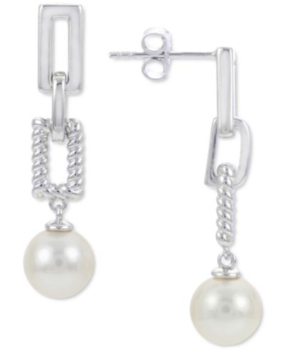 Cultured Freshwater Pearl (8mm) Chain Link Drop Earrings in Sterling Silver
