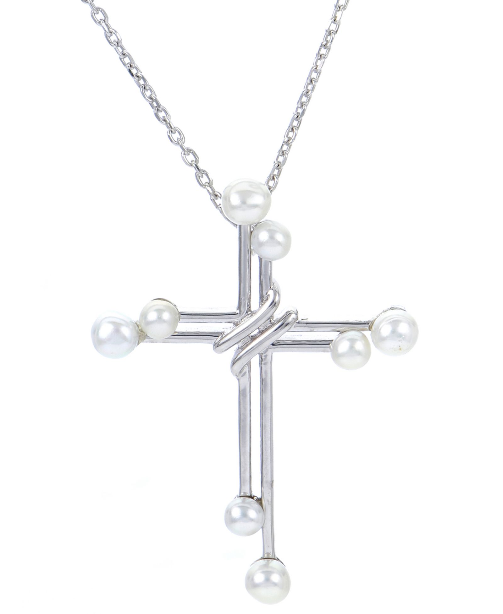 Cultured Freshwater Pearl (2 - 3-1/2mm) Double Cross Pendant Necklace in Sterling Silver, 16" + 2" extender