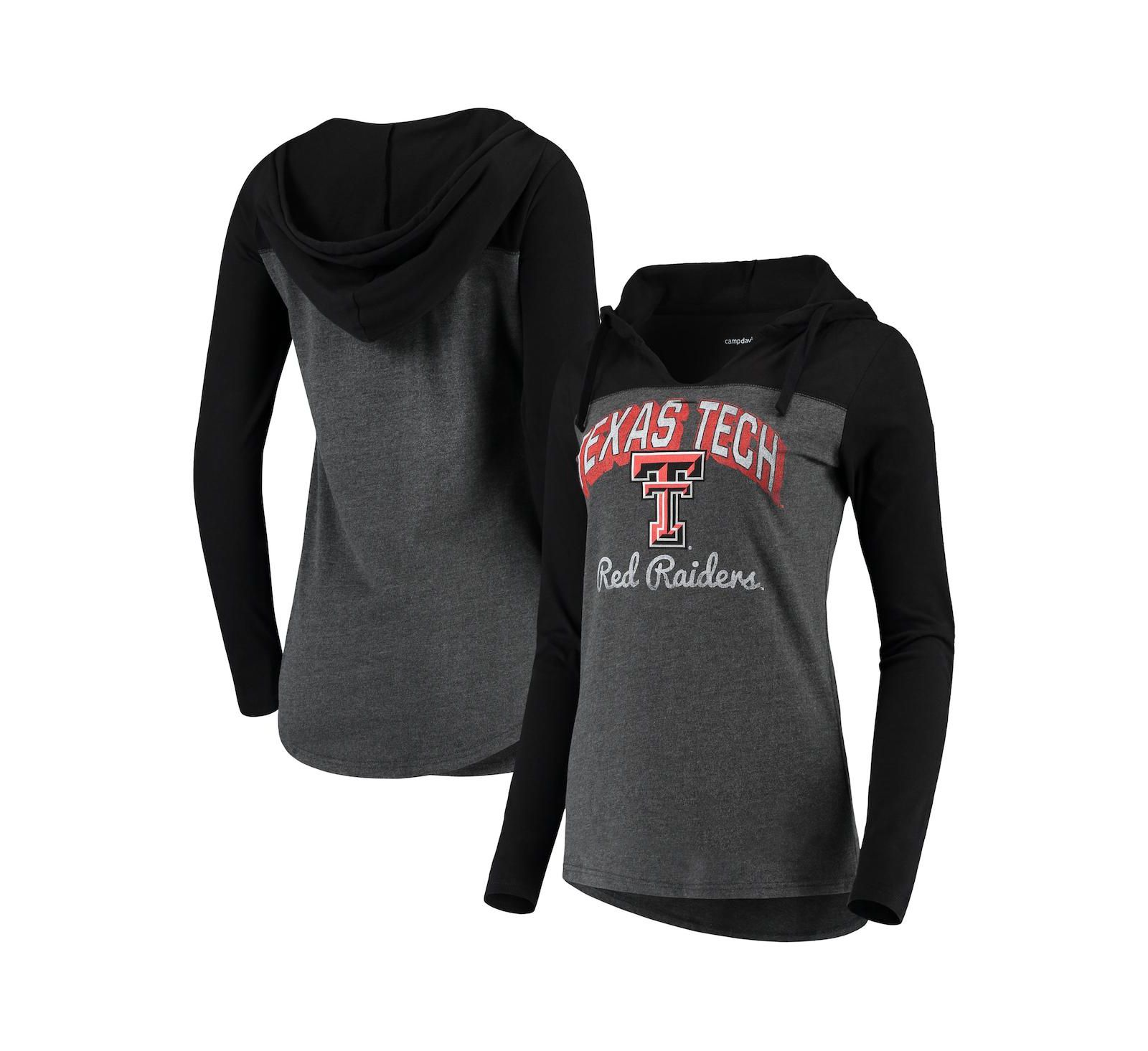 Women's Charcoal Texas Tech Red Raiders Knockout Color Block Long Sleeve V-Neck Hoodie T-shirt