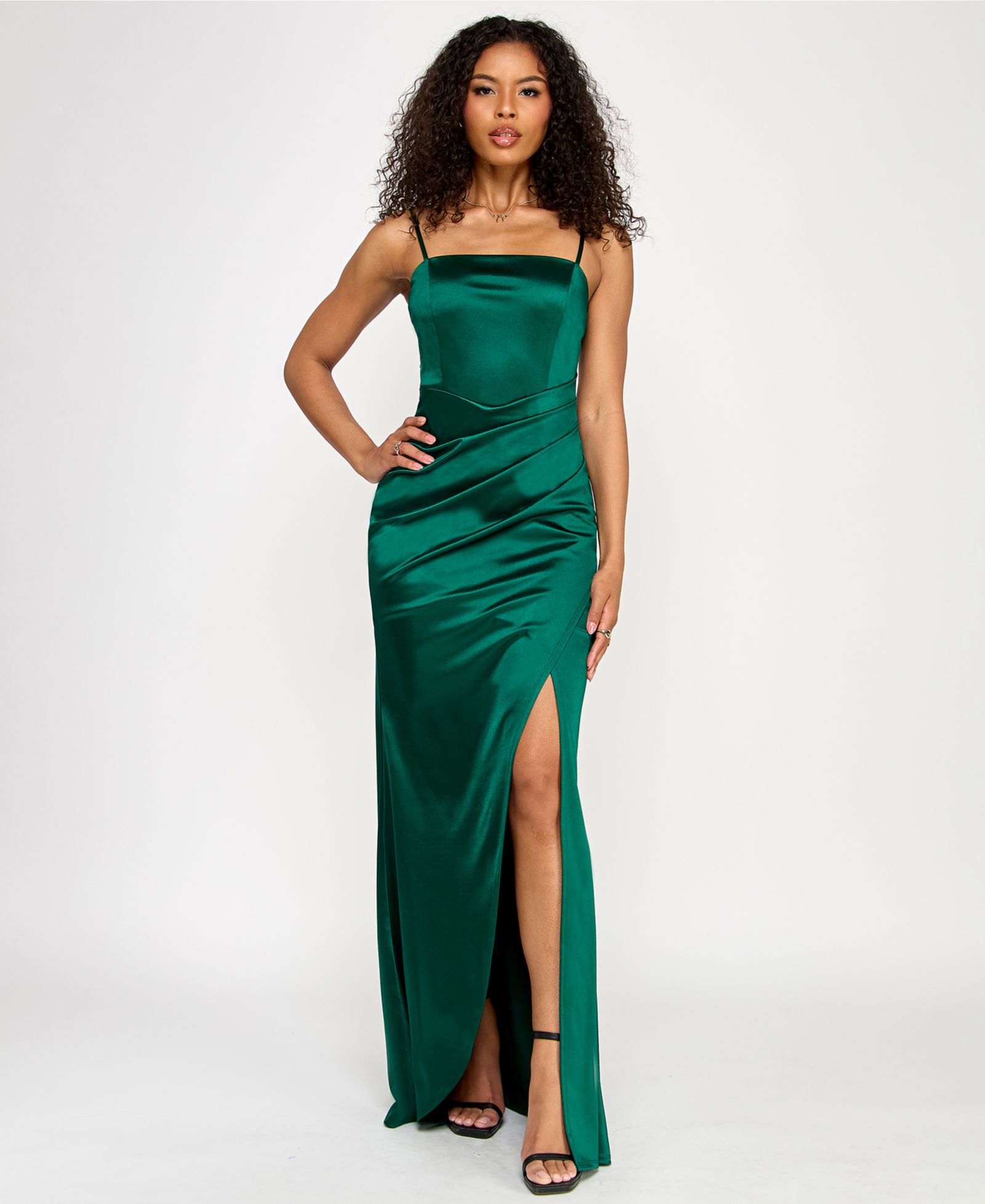 Emerald Sundae Juniors' Satin Pleated Slit Gown