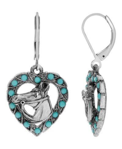 2028 Women's Silver-tone Turq Horse Head Heart Earrings