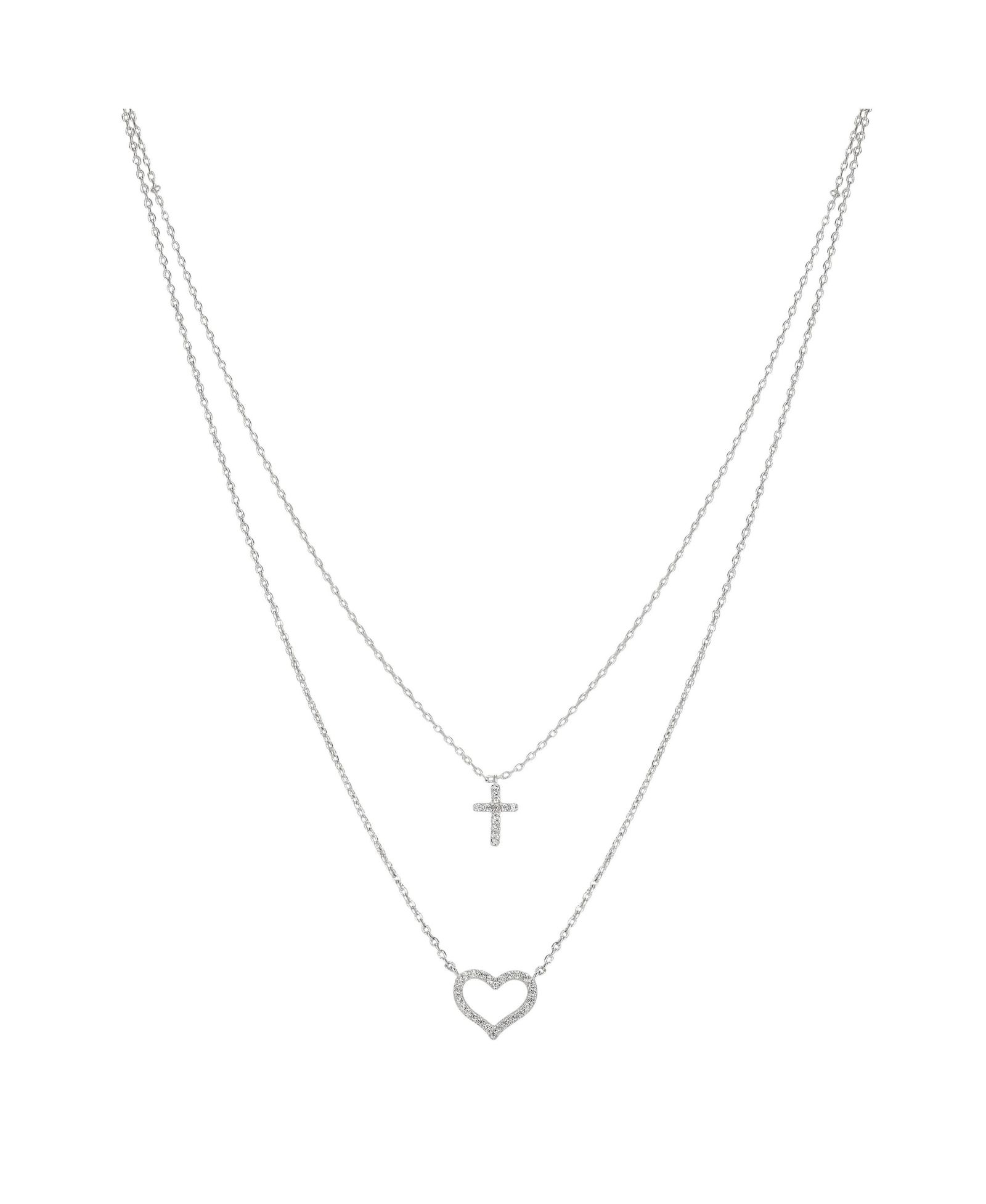 Unwritten Fine Silver Plated Cubic Zirconia Cross and Heart Layered Pendant Necklace