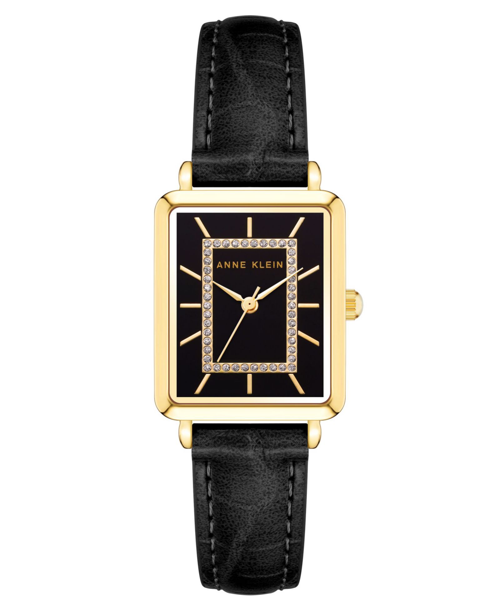 Женские часы Anne Klein в черном искусственном кожаном ремешке с золотистыми дужками, 24x36.3mm