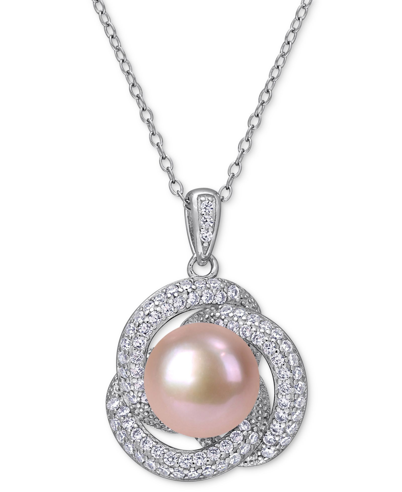 Подвеска-ожерелье Pink Cultured Freshwater Pearl (10-1/2mm) & Cubic Zirconia Love Knot 18" в серебре Sterling Silver