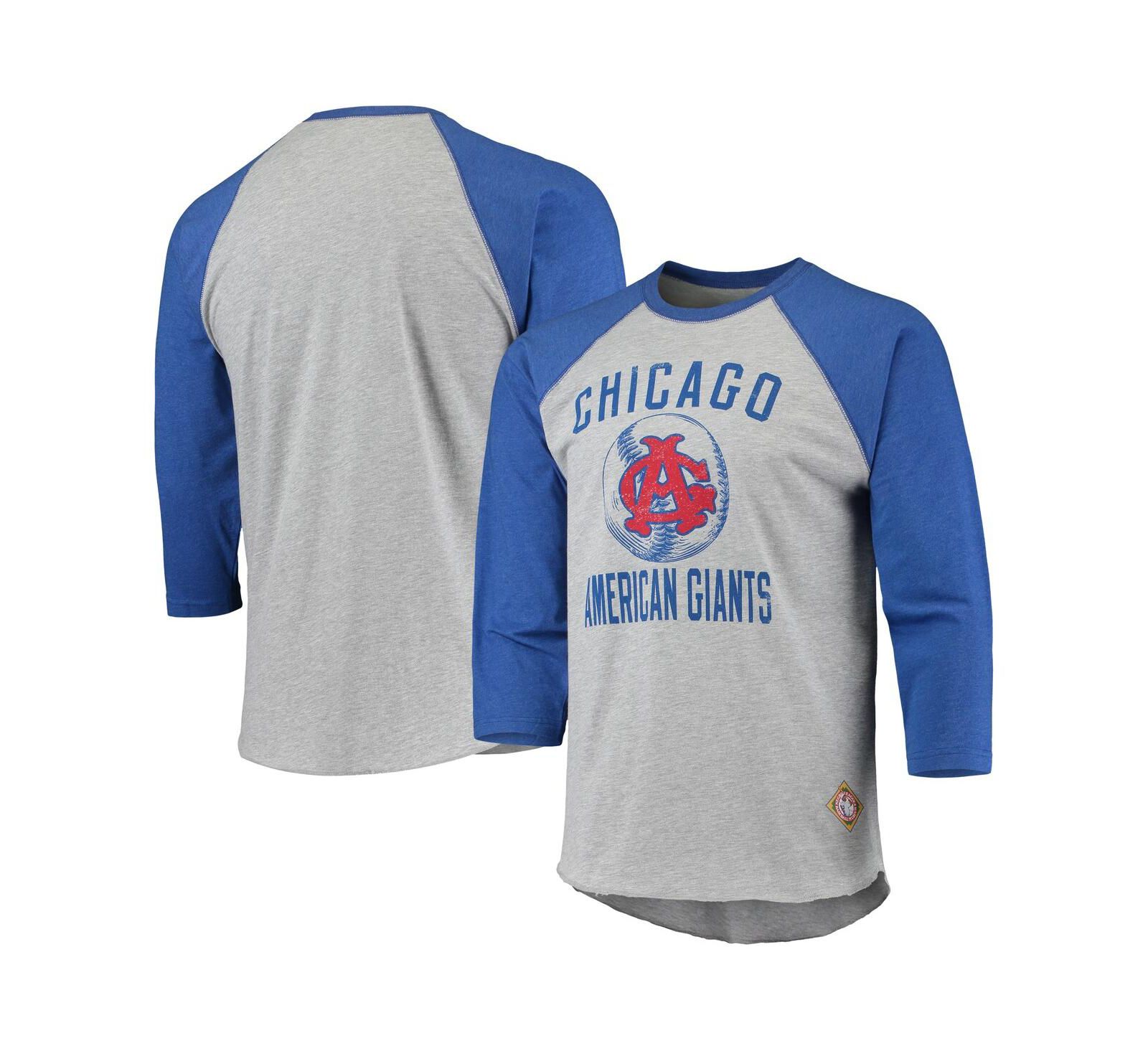 Men's Stitches Heather Gray, Royal Chicago American Giants Negro League Wordmark Raglan 3/4 Sleeve T-shirt