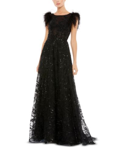 Mac Duggal Women's Embellished Feather Cap Sleeve Bateau A Line Gown