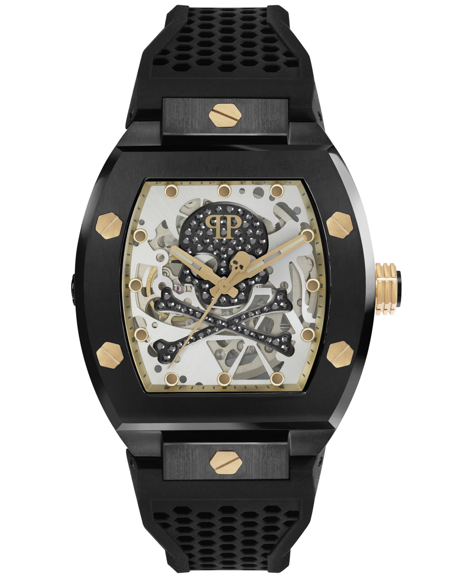 Мужские часы Philipp Plein Automatic The $keleton Black & Gold-Tone Tonneau Strap 44mm