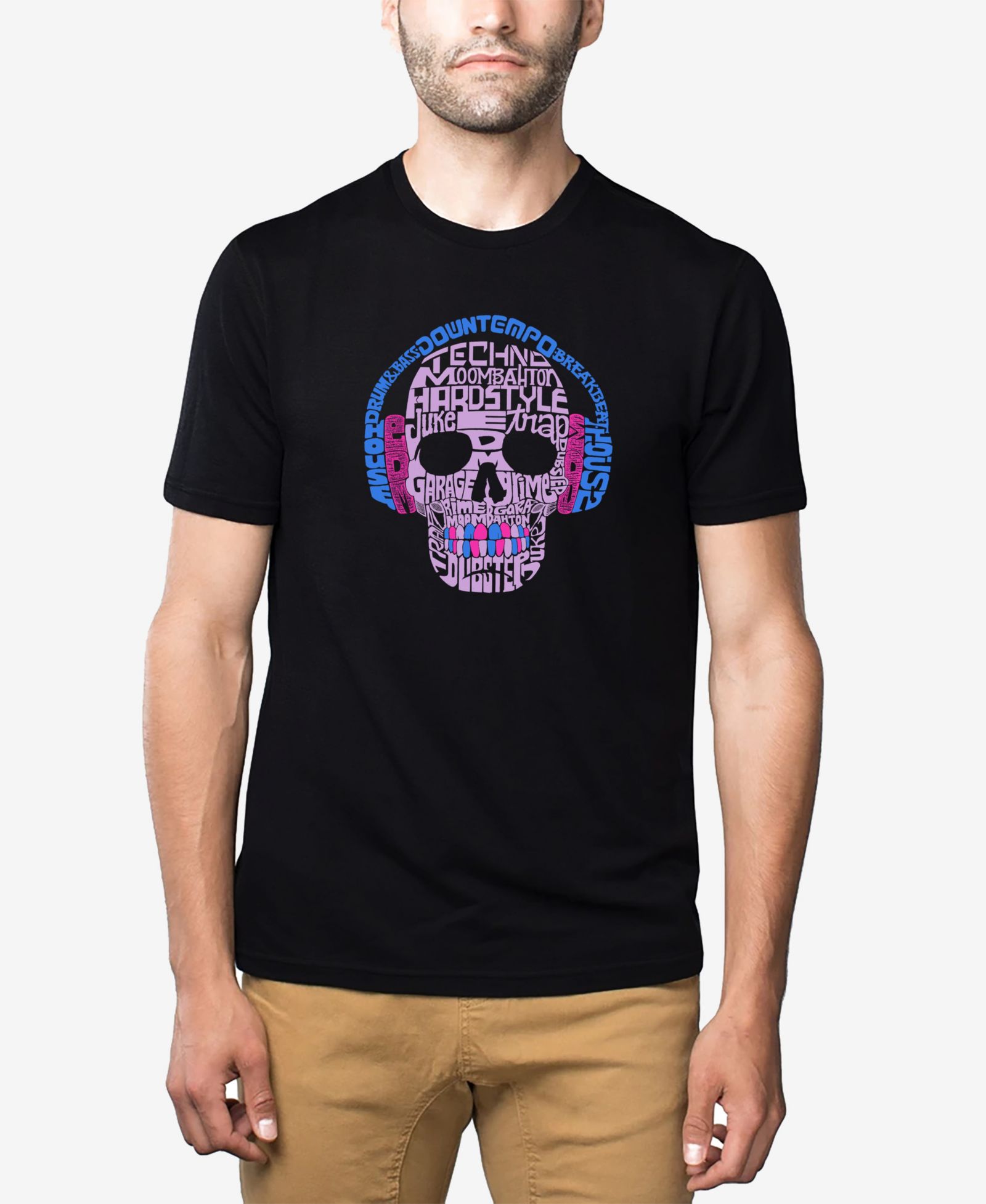LA Pop Art Men's Cotton/Poly Blend Word Art Styles of Edm Music Skull T-shirt