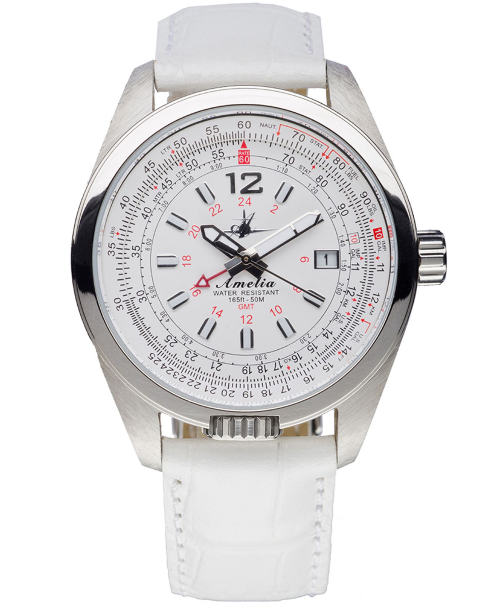 Abingdon Co. Women's Amelia GMT Multifunctional Genuine White Calf Leather Strap Watch 40mm