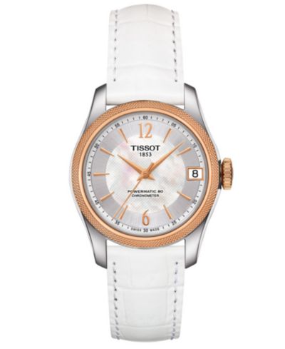 Tissot Women's Swiss Automatic Ballade Powermatic 80 COSC White Leather Strap Watch 32mm
