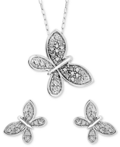 2-Pc. Set Diamond Butterfly Pendant Necklace & Matching Stud Earrings (1/6 ct. t.w.) in Sterling Silver