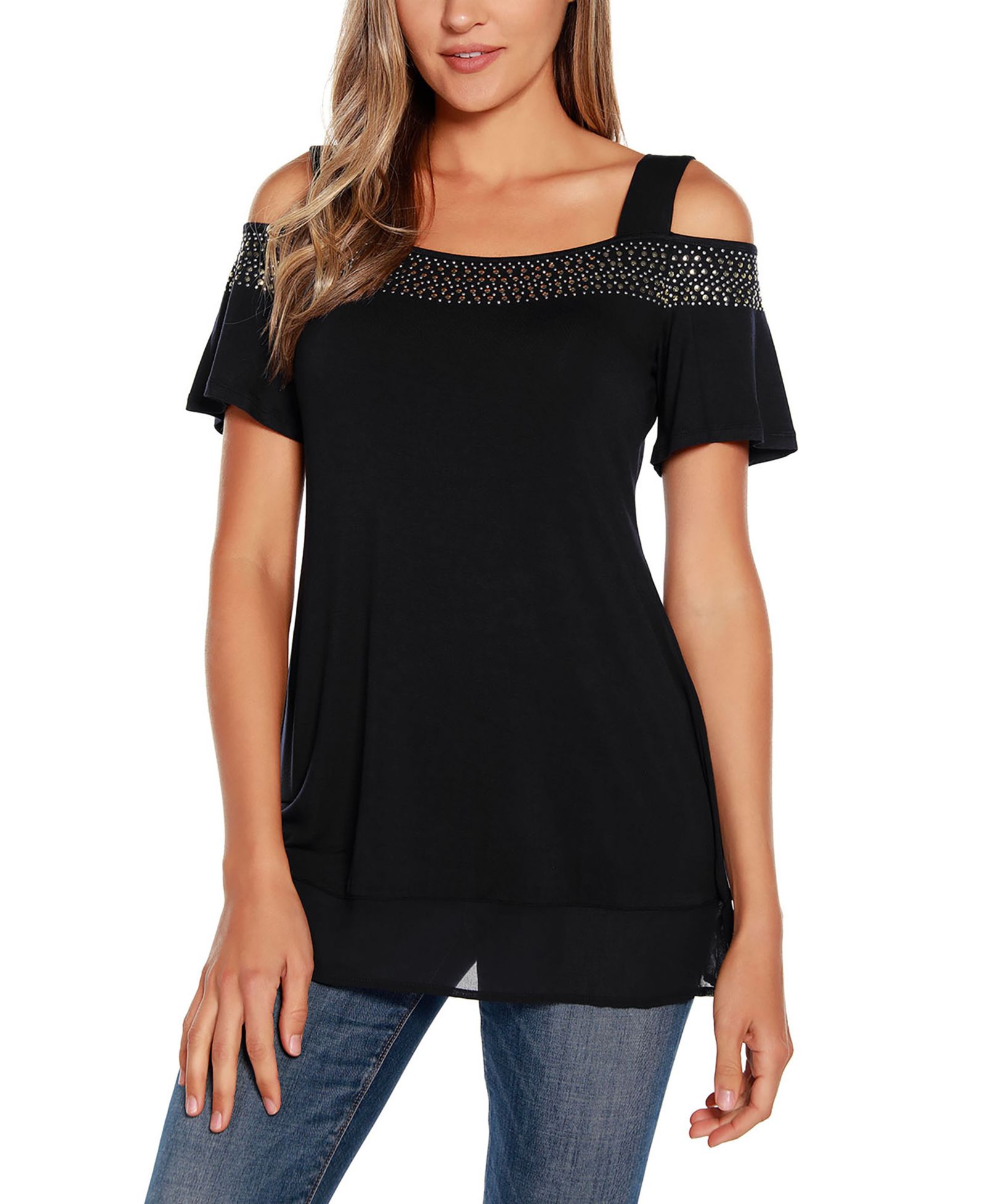 Belldini Women's Embellished Cold-Shoulder Top