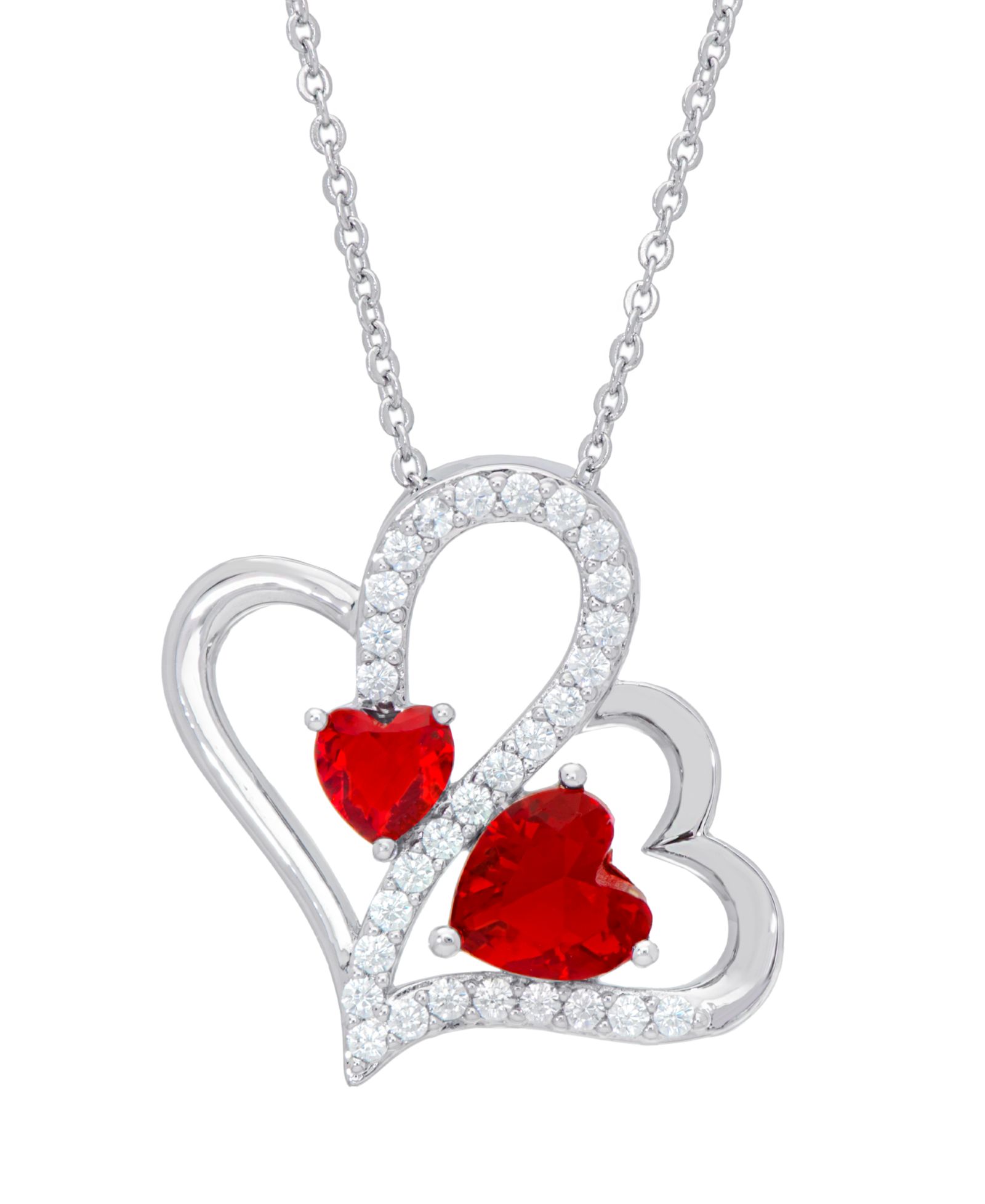 Женский Fine Silver Plated Simulated Ruby Cubic Zirconia Double Heart Pendant Necklace