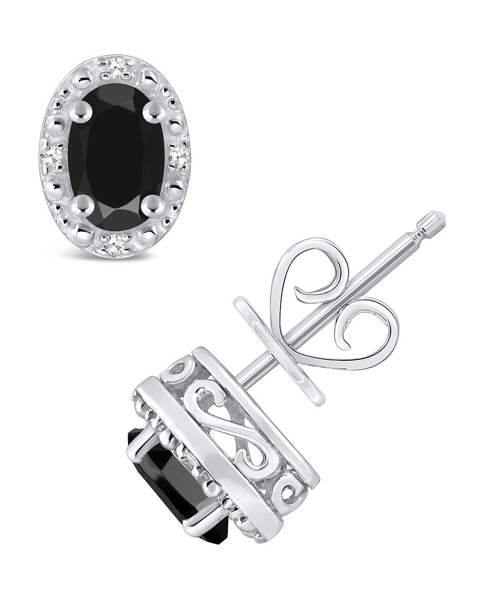 Onyx & Diamond Accent Oval Stud Earrings in Sterling Silver (Also available in Labradorite and Turquoise)