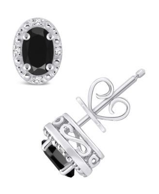 Onyx & Diamond Accent Oval Stud Earrings in Sterling Silver (Also available in Labradorite and Turquoise)