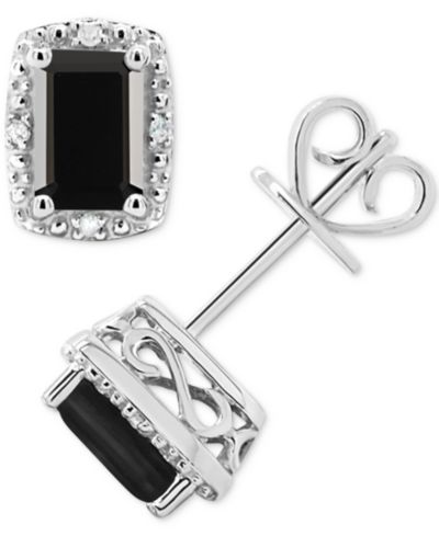 Onyx & Diamond Accent Rectangle Stud Earrings in Sterling Silver (Also in Turquoise & Labradorite)