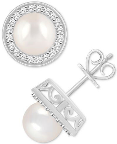 Cultured Freshwater Pearl & Diamond (1/5 ct. t.w.) Halo Stud Earrings in Sterling Silver