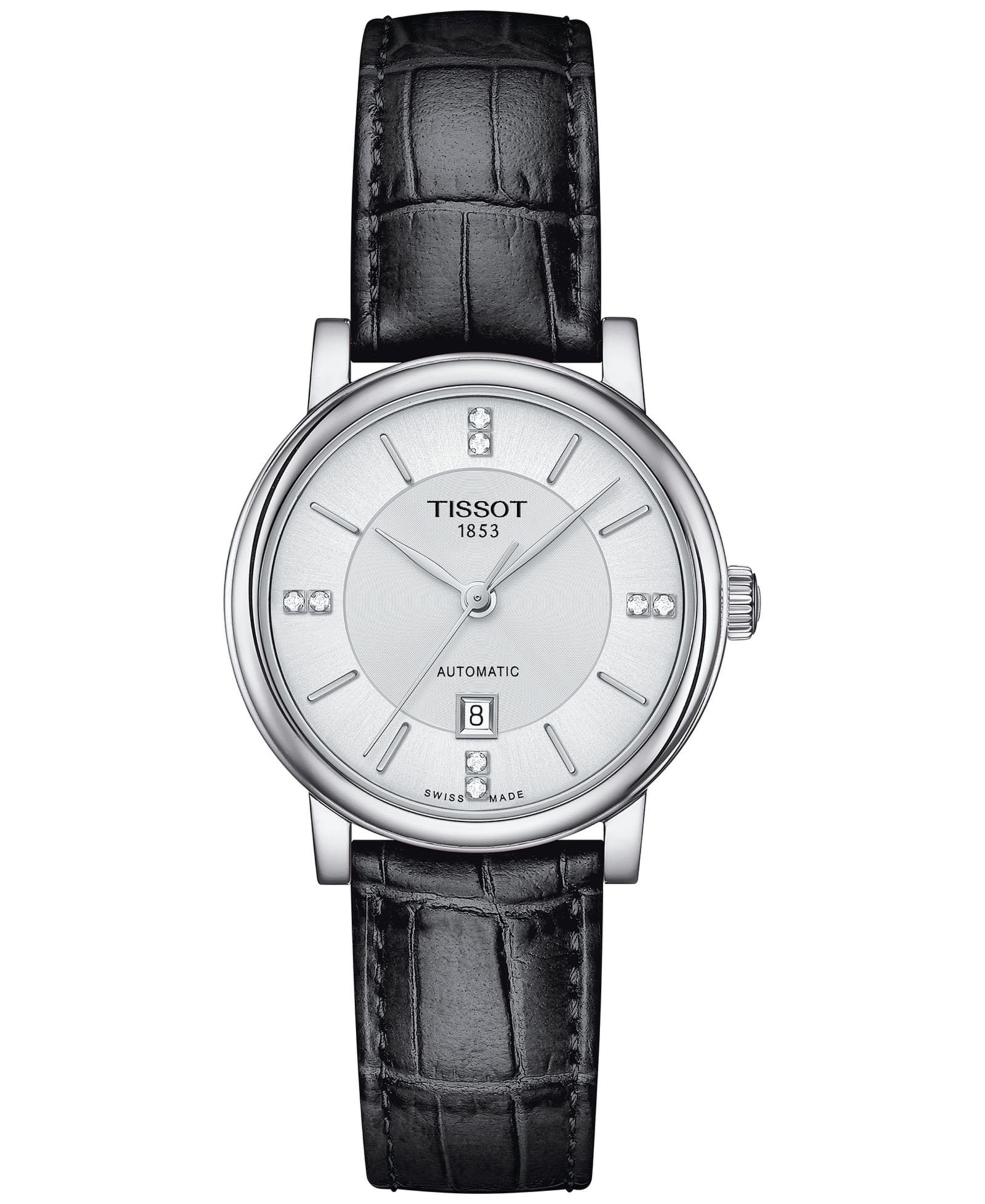 Женские часы Tissot Swiss Automatic Carson Premium Lady Diamond Accent Black Leather Strap 30mm