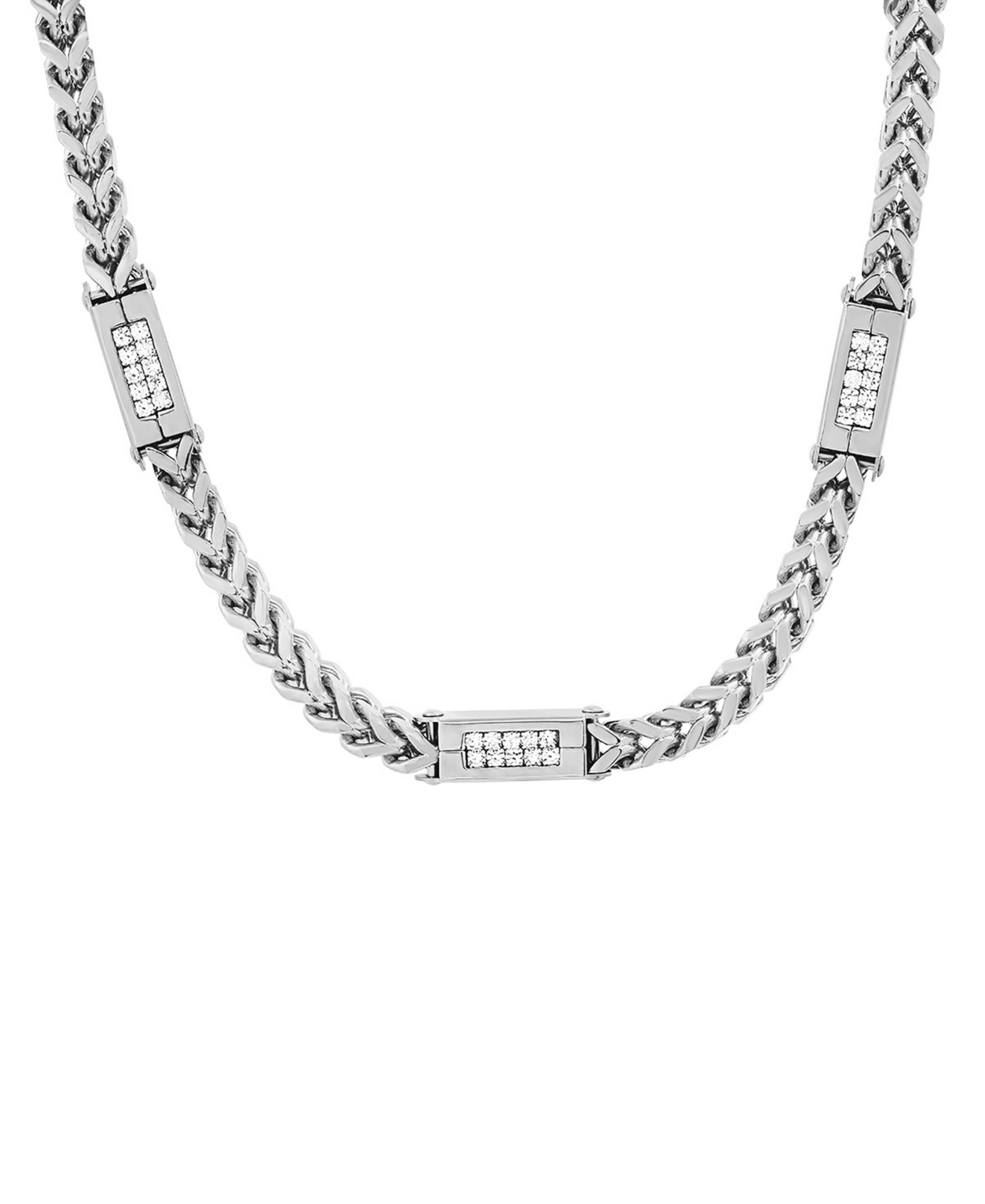 STEELTIME Men's Stainless Steel Wheat Chain and Simulated Diamonds Link Necklace