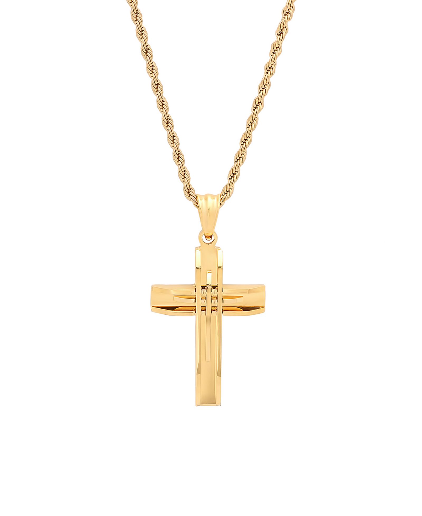 STEELTIME 18k Gold Plated Stainless Steel Cut Accented Cross Pendant