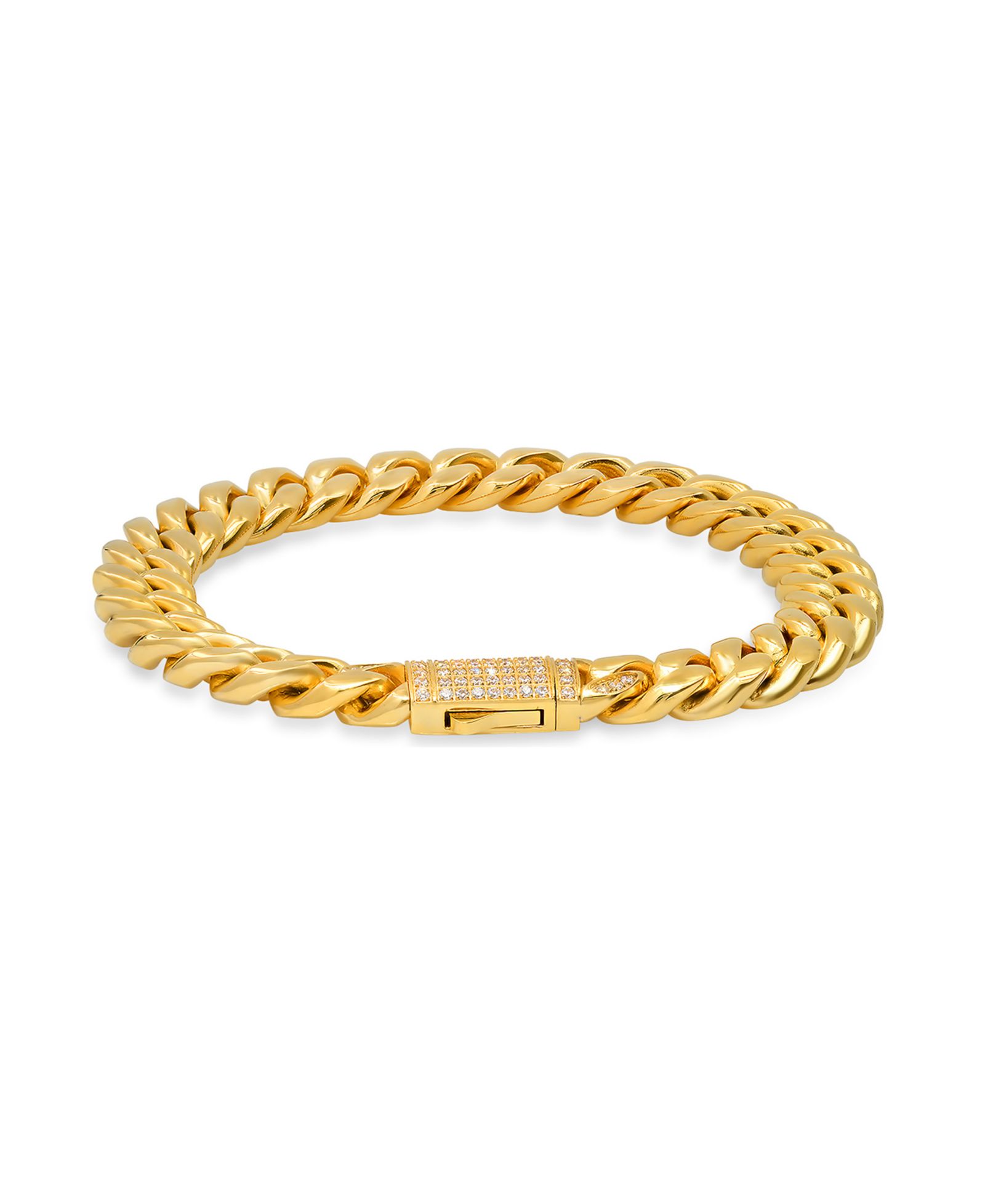 STEELTIME Men's 18k Gold Plated Stainless Steel Thick Cuban Link Chain Bracelet with Simulated Diamonds Clasp