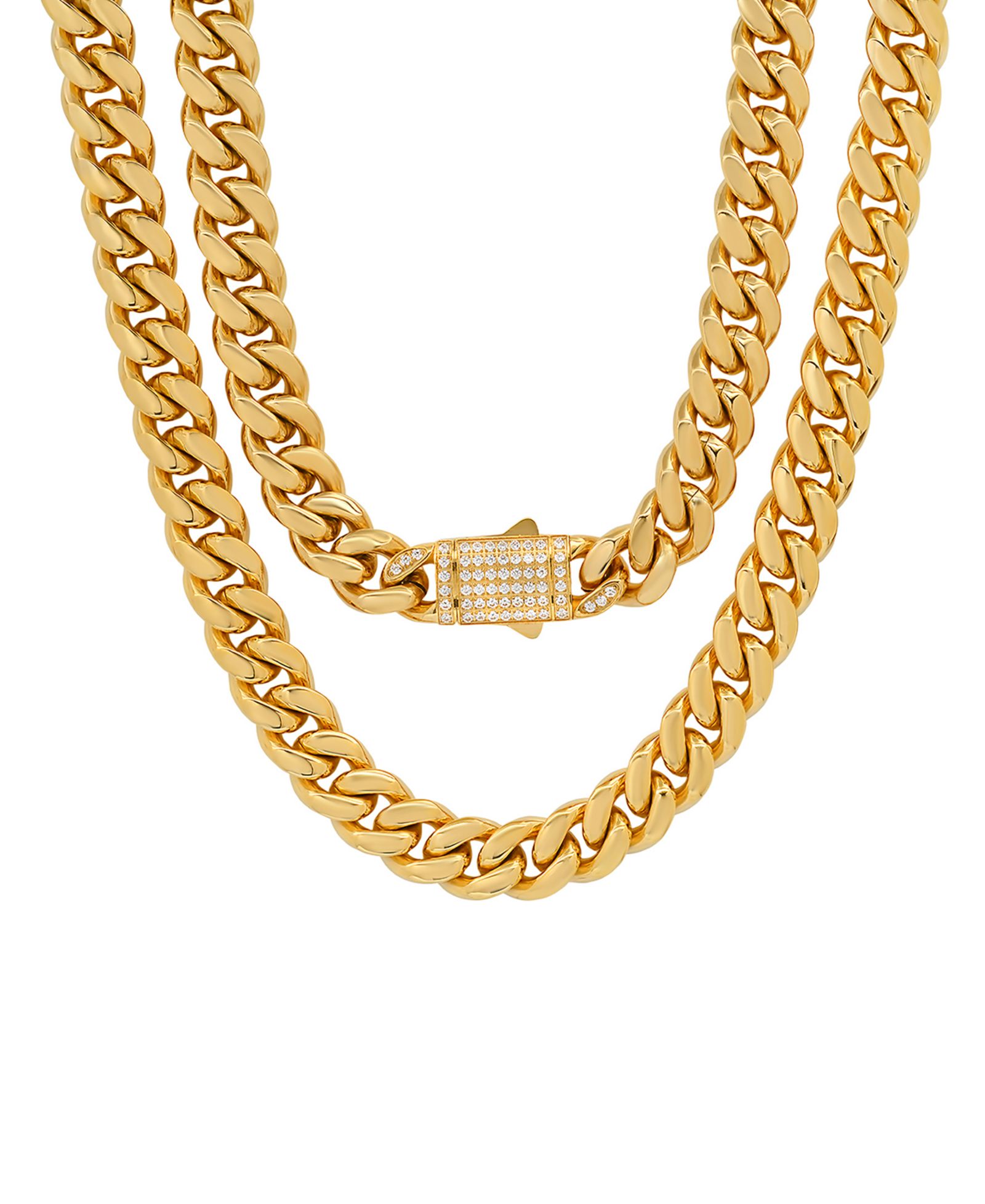 STEELTIME Men's 18k Gold Plated Stainless Steel Thick Cuban Link Chain Necklace with Simulated Diamonds Clasp