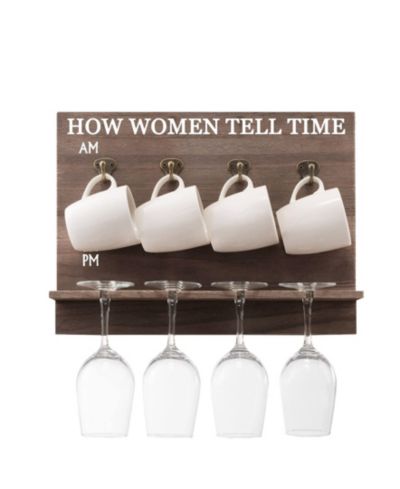 How Women Tell Time Wall Mounted Wine Rack with Wine Glasses and Coffee Mugs, Set of 9