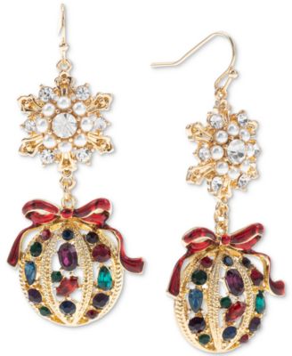 Holiday Lane Gold-Tone Mixed Stone Yuletide Ornament Double Drop Earrings, Created for Macy's