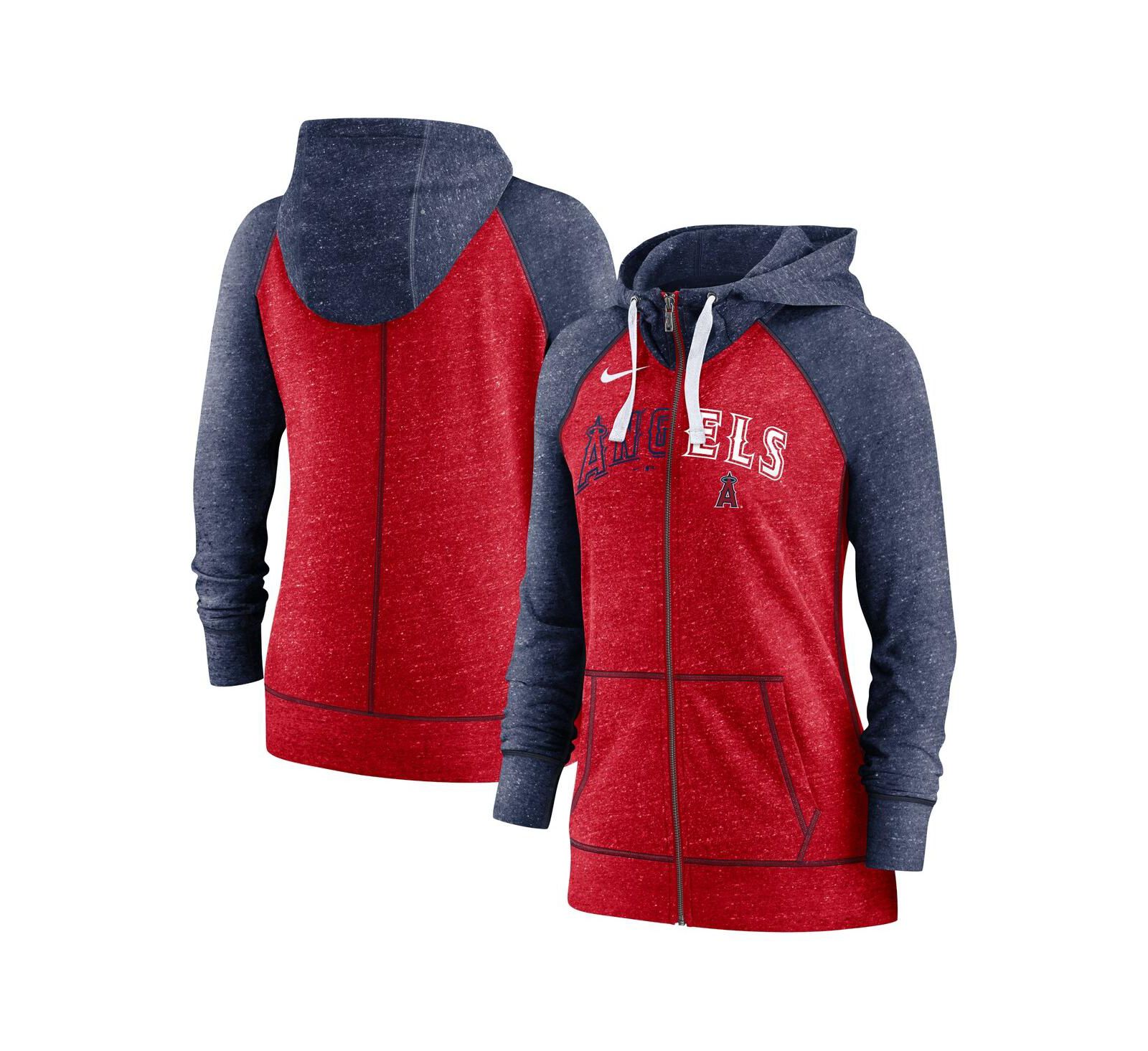 Women's Nike Heathered Red and Heathered Navy Los Angeles Angels Split Wordmark Gym Vintage-Like Raglan Slub Full-Zip Hoodie