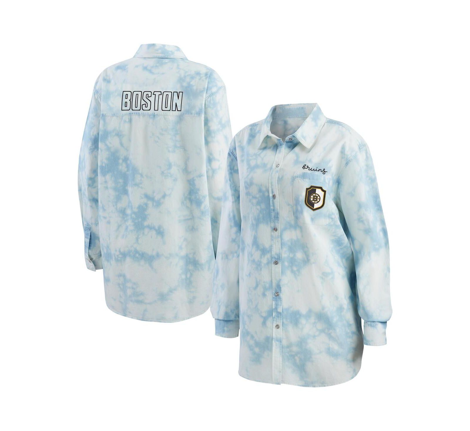 Женская джинсовая рубашка WEAR by Erin Andrews White Boston Bruins Oversized Tie-Dye Button-Up