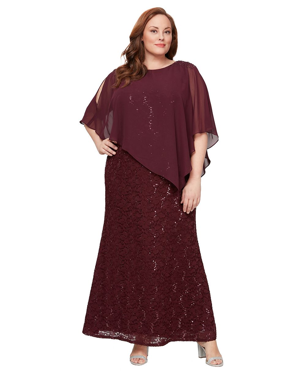 SL Fashions Plus Round-Neck Sequin Lace Cape Dress