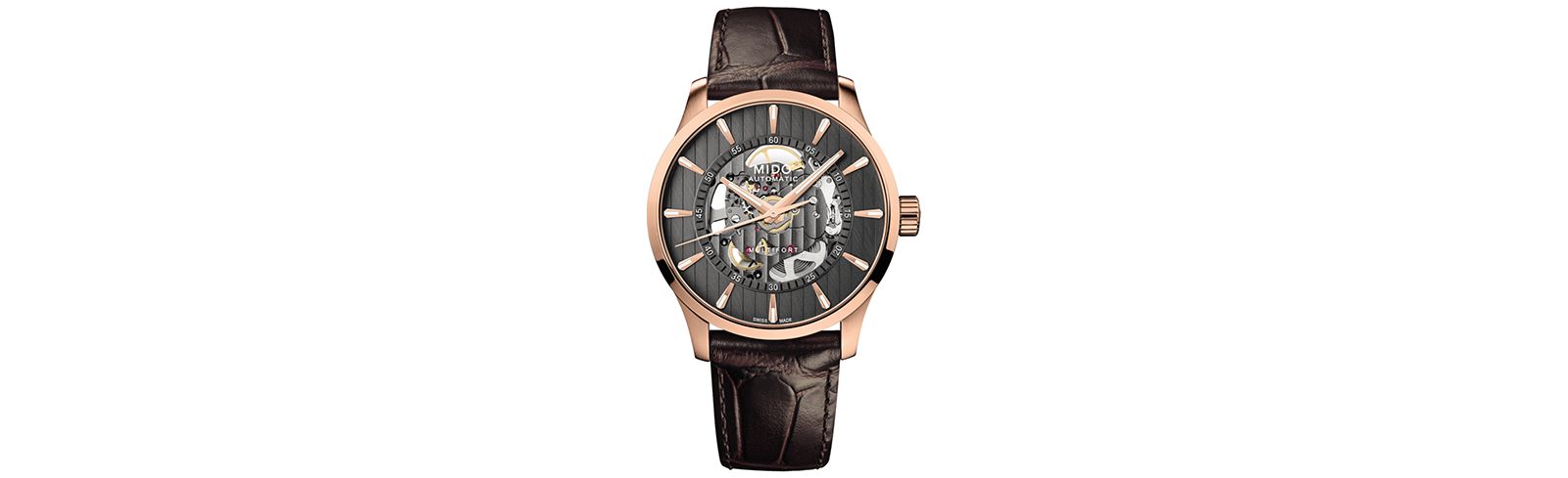 Mido Мужские автоматические часы Multifort Skeleton Vertigo Brown Leather Strap 42mm