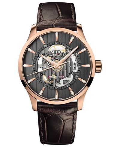 Mido Мужские автоматические часы Multifort Skeleton Vertigo Brown Leather Strap 42mm