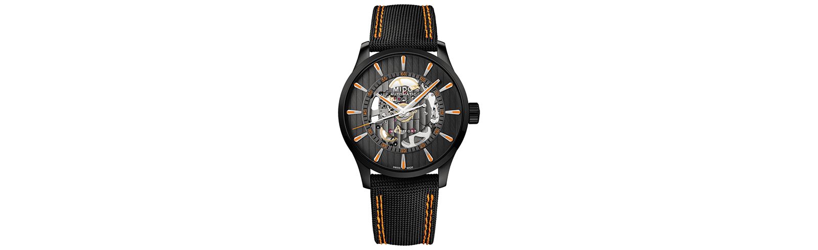 Мужские часы Mido Swiss Automatic Multifort Skeleton Vertigo Black and Orange Fabric Strap 42mm