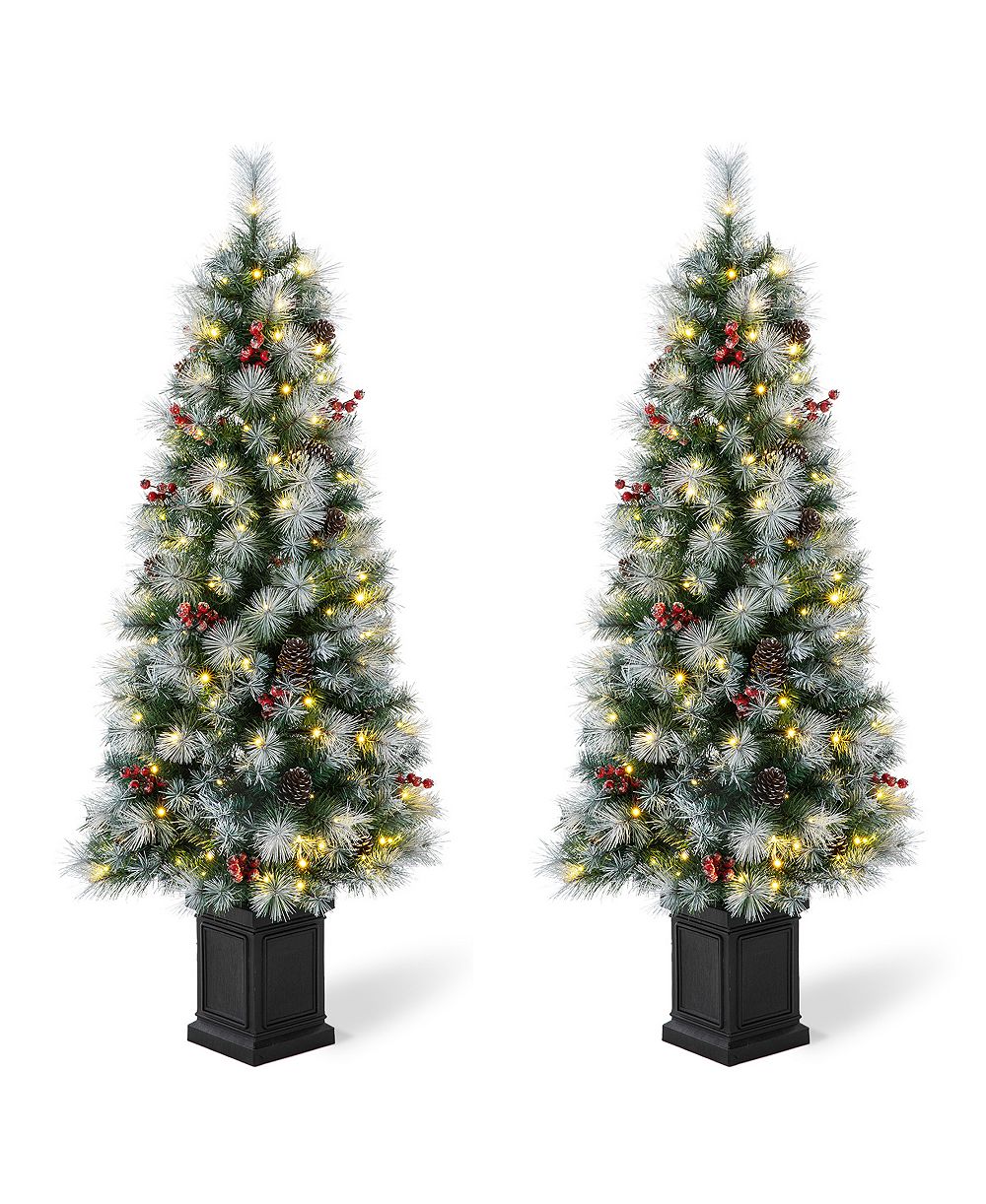 Елочка Glitzhome 5' Pre-Lit Pine Artificial Christmas Porch Tree с 150 теплым белым светом, комплект из 2 шт