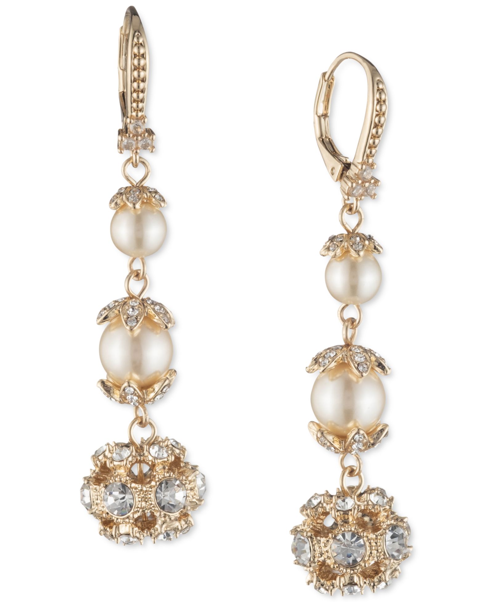 Marchesa Gold-Tone Pavé Ball & Imitation Pearl Triple Drop Earrings