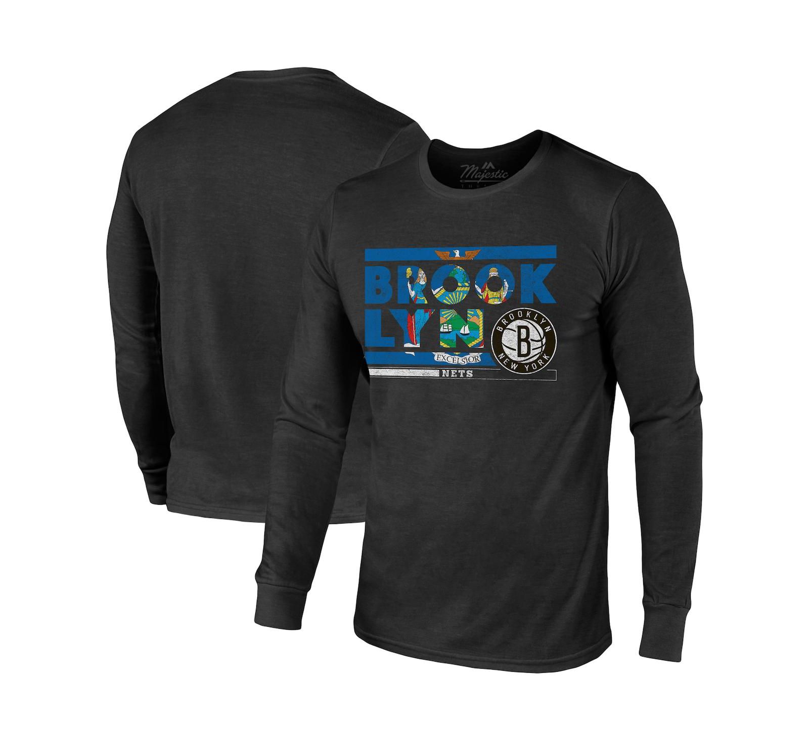 Men's Majestic Threads Black Brooklyn Nets City and State Tri-Blend Long Sleeve T-shirt