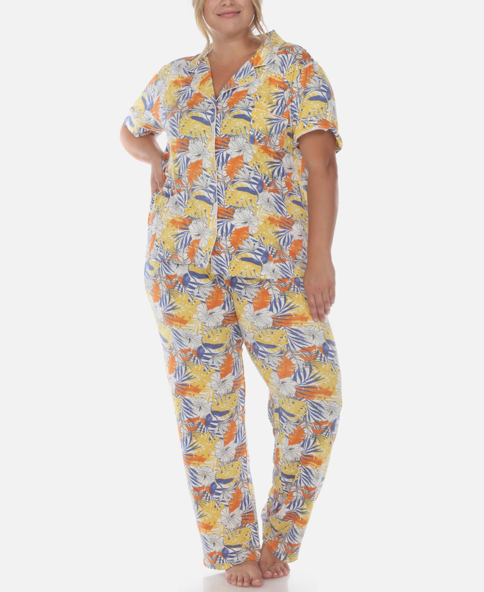 White Mark Plus Size 2 Piece Tropical Print Pajama Set